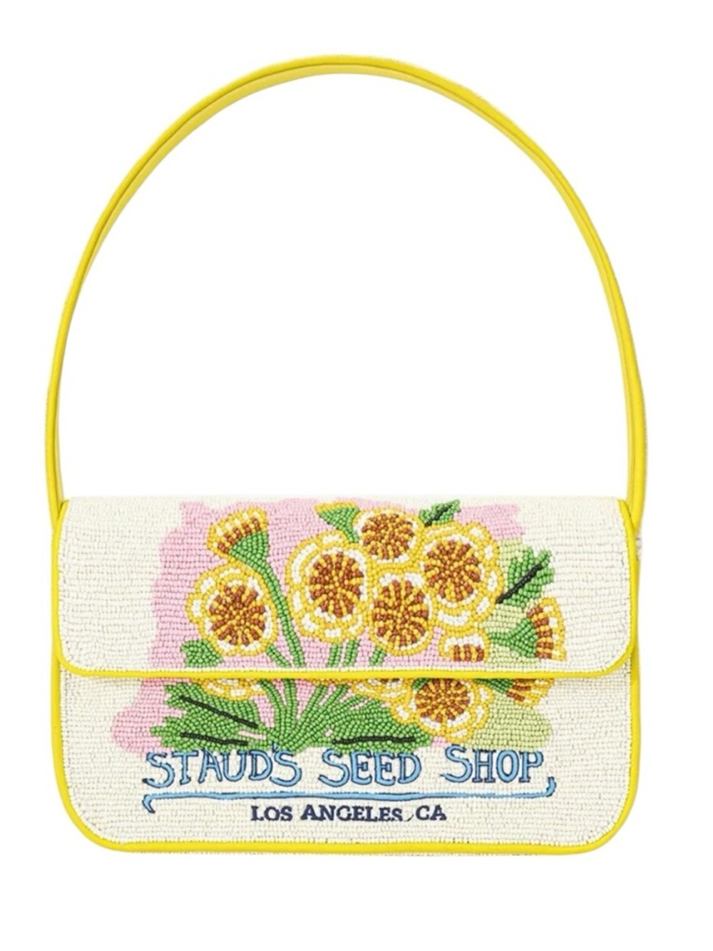 STAUD Tommy Bag Seed Shop Beaded Yellow Floral Shoulder Bag NWT